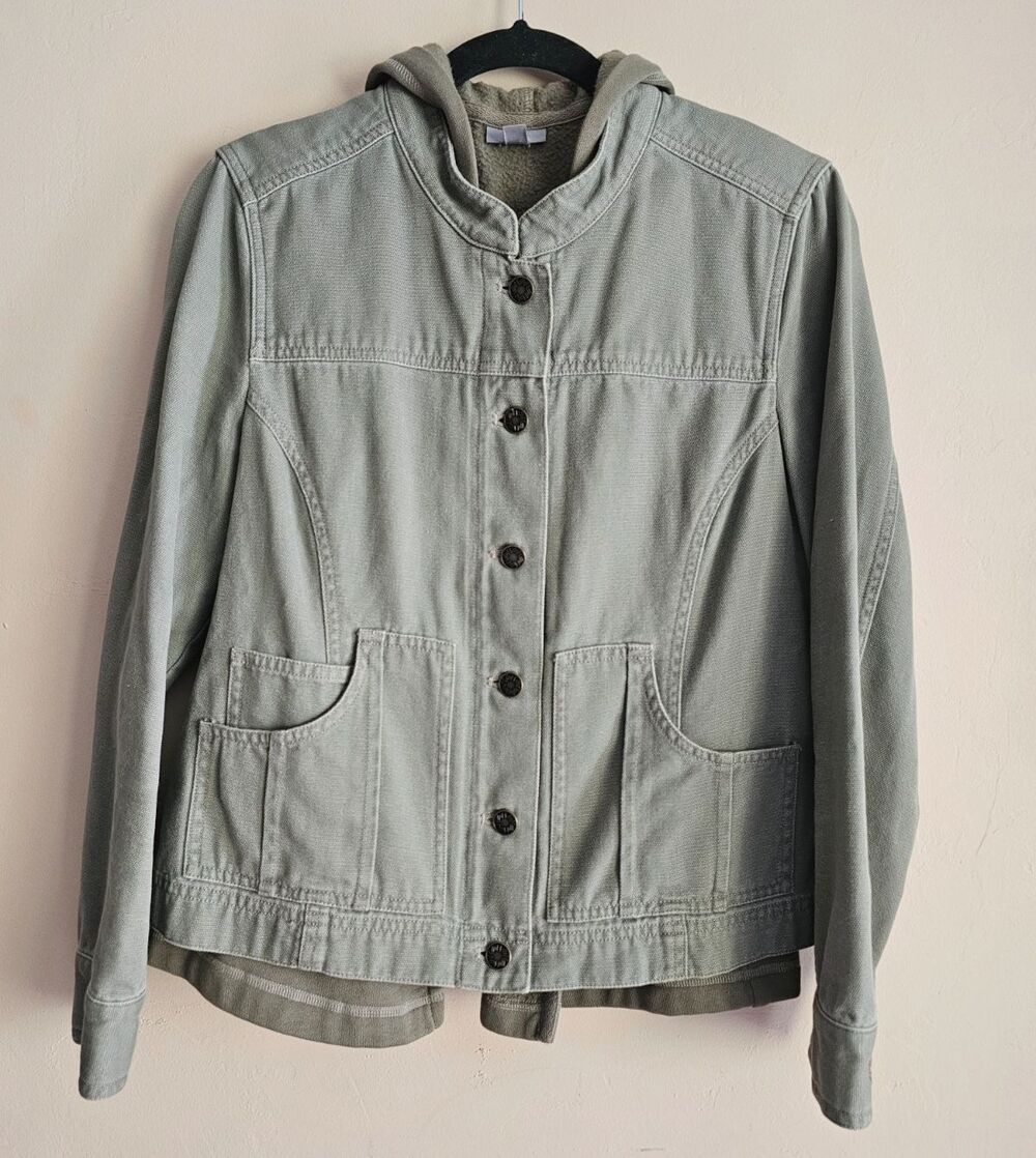 J Jill Jacket Small  Army Green Canvas Inner Liner With Hoodie  Pockets Short
